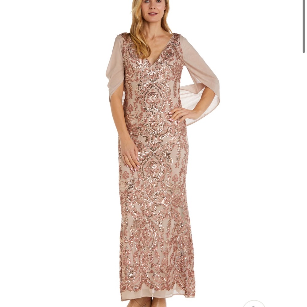 R&M Richards Sequin Gown with Chiffon Wrap Around Cape rose gold beaded gown 22W